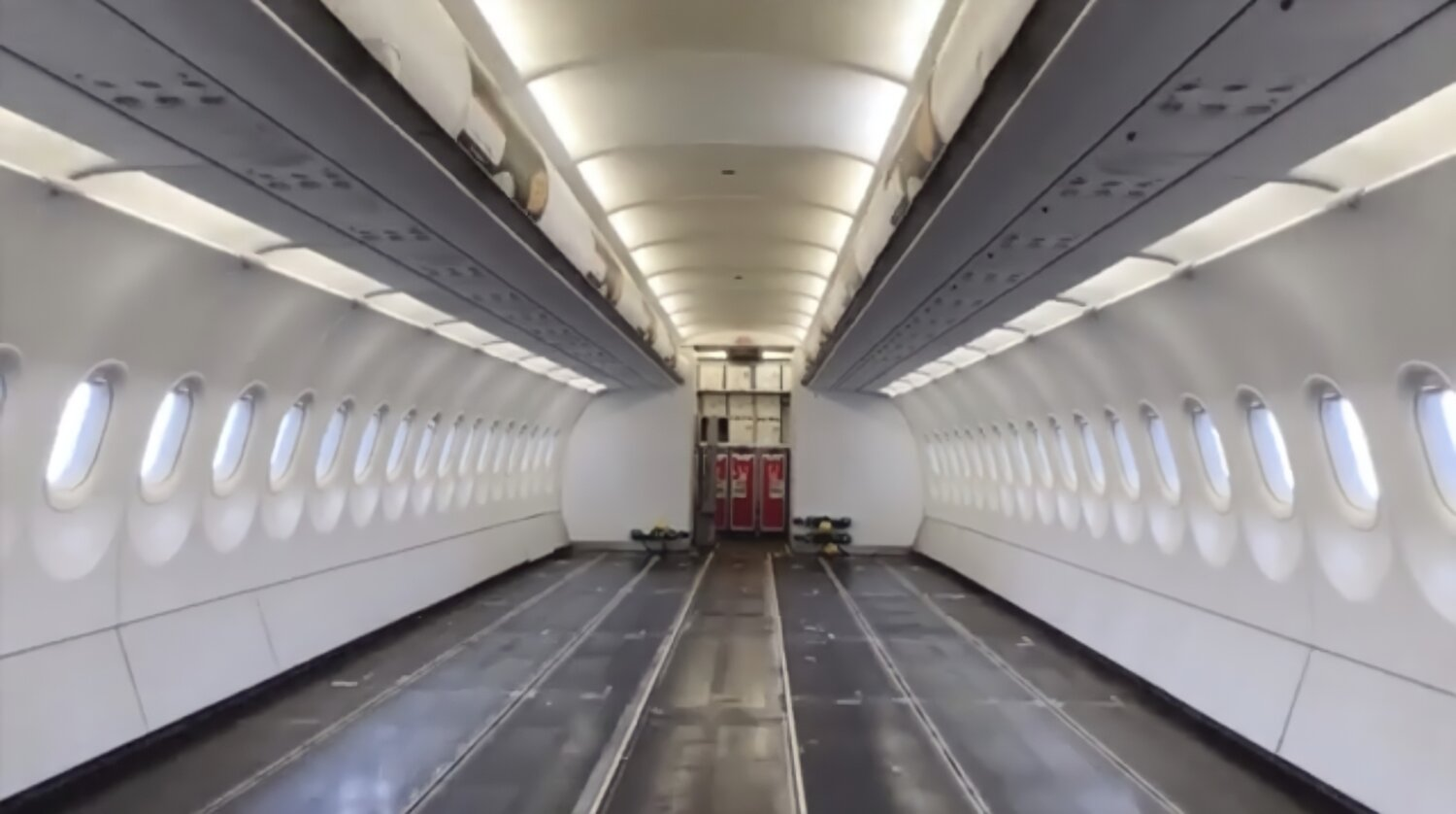 The interior of a converted AirAsia A320 passenger aircraft as a cargo-only aircraft.