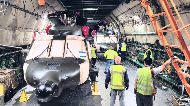 It took five hours to safely complete the loading of the helicopters using a winch for entry by the AN-124-100 nose ramp.
