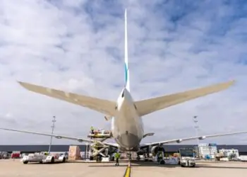 Freighter being loaded on airport apron