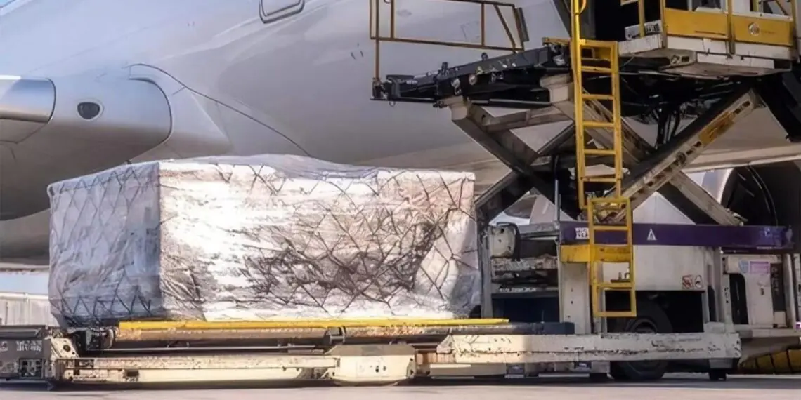 Air cargo pallet being loaded onto a freighter