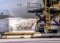 Air cargo pallet being loaded onto a freighter