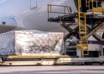 Air cargo pallet being loaded onto a freighter